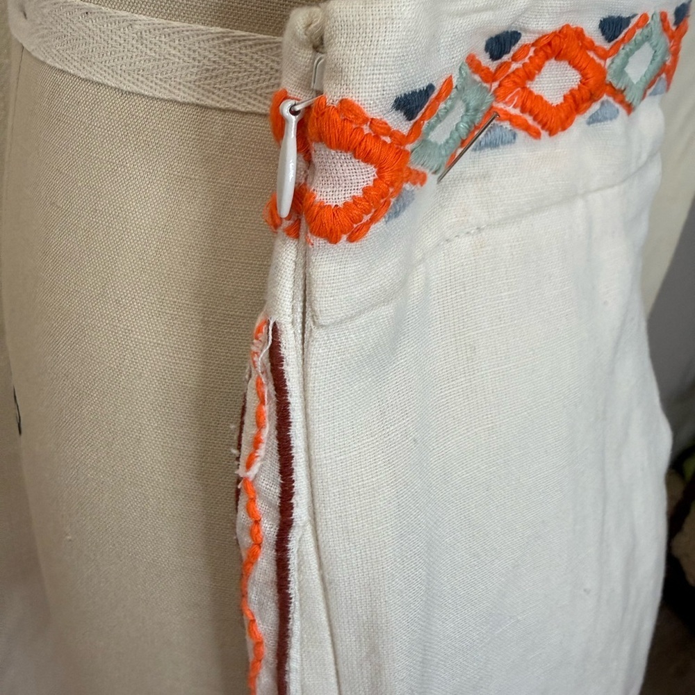 Anthropologie Embroidered Wide Leg Pants Boho Linen White Orange Size 2 - Picture 6 of 9